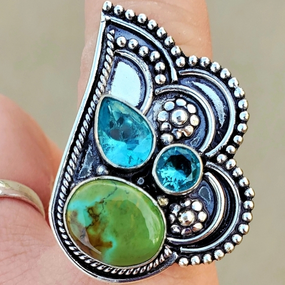 New Chrysocolla & Blue Topaz 925 Silver Ring. - Picture 2 of 16